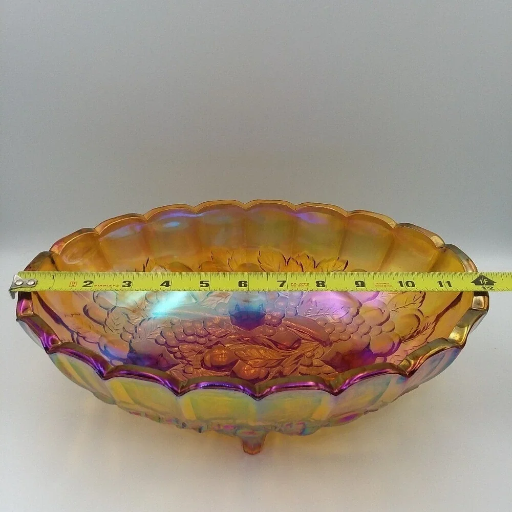 Vintage Iridescent Carnival Glass Bowl Oval Footed Harvest Grape Fruit ‎ 12x9